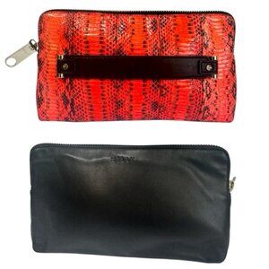 Milly NEW Mercer Leather Large Snake Print Clutch Bag Strap Zip 2in1 Coral Black